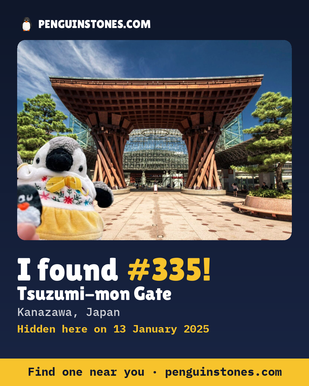 Obrázok s nápisom „I found #335“: fotka kameňa, kde je a ako ďaleko docestoval