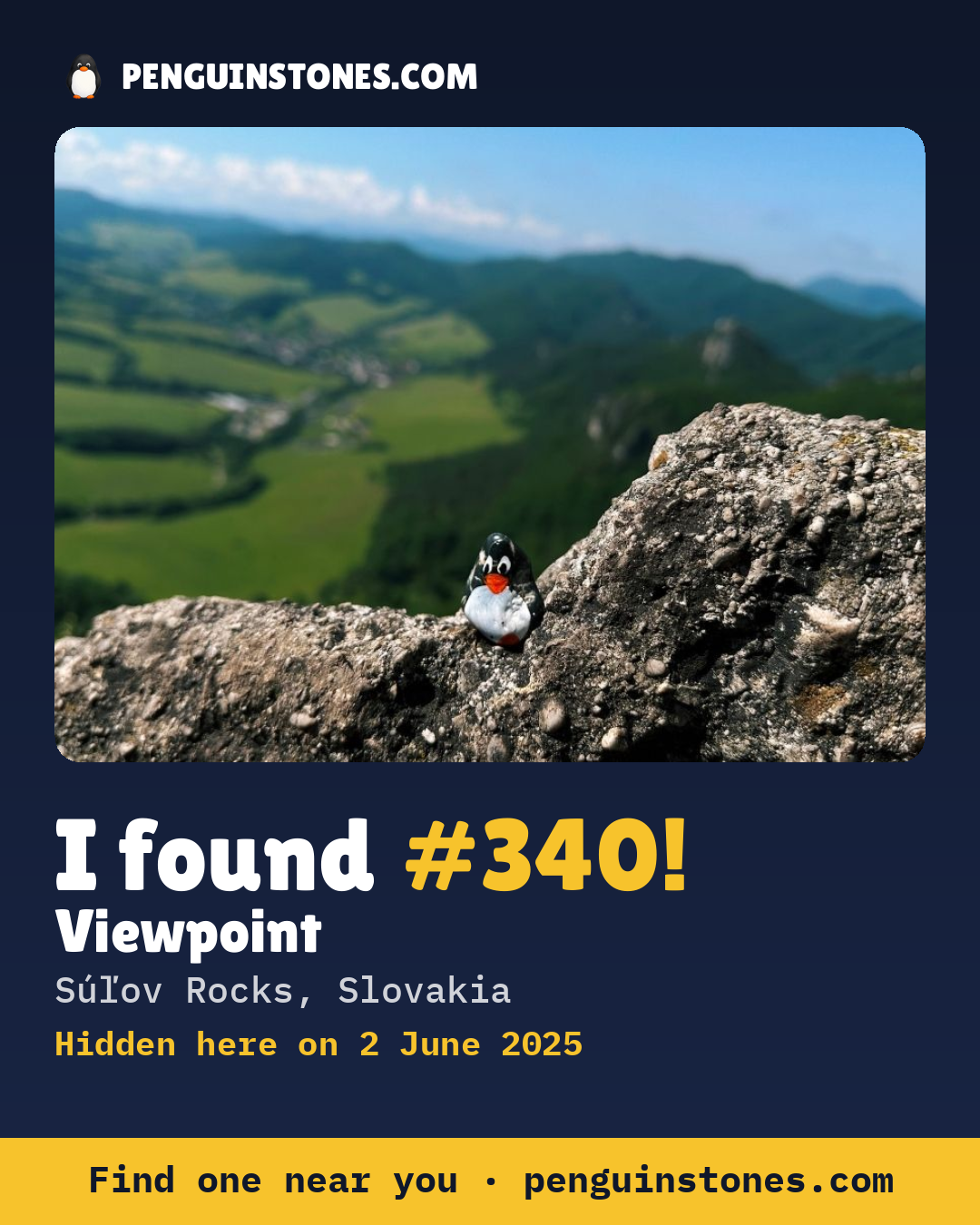 Obrázok s nápisom „I found #340“: fotka kameňa, kde je a ako ďaleko docestoval