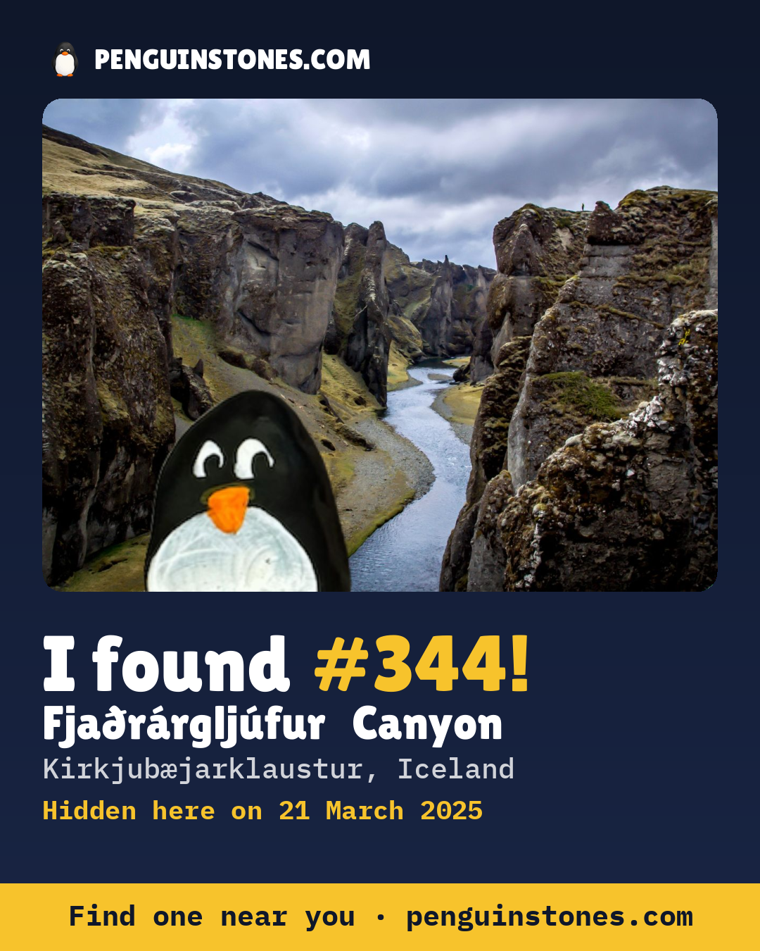 Obrázok s nápisom „I found #344“: fotka kameňa, kde je a ako ďaleko docestoval