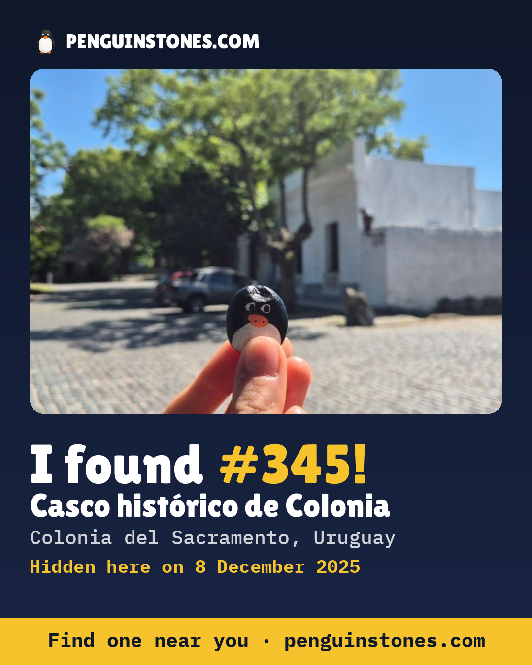 Obrázok s nápisom „I found #345“: fotka kameňa, kde je a ako ďaleko docestoval