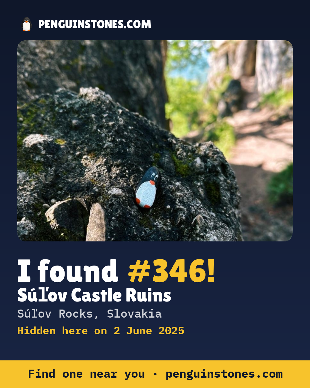 Obrázok s nápisom „I found #346“: fotka kameňa, kde je a ako ďaleko docestoval