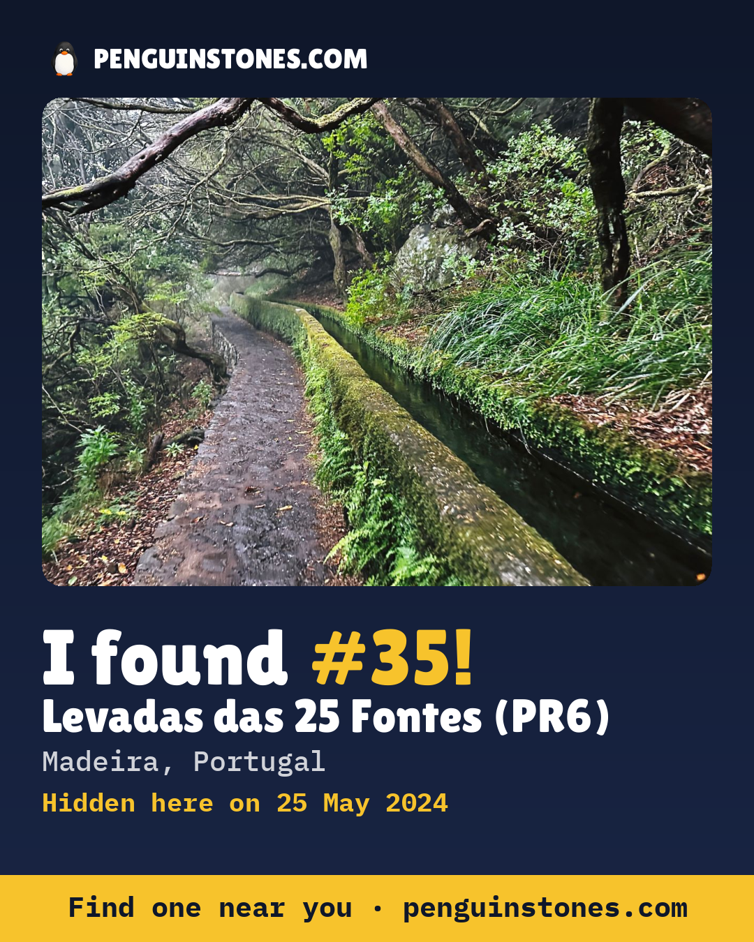 Obrázok s nápisom „I found #35“: fotka kameňa, kde je a ako ďaleko docestoval