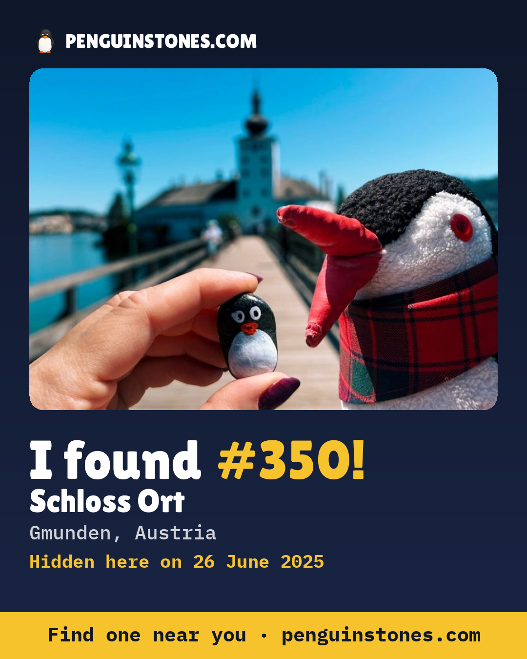 Obrázok s nápisom „I found #350“: fotka kameňa, kde je a ako ďaleko docestoval