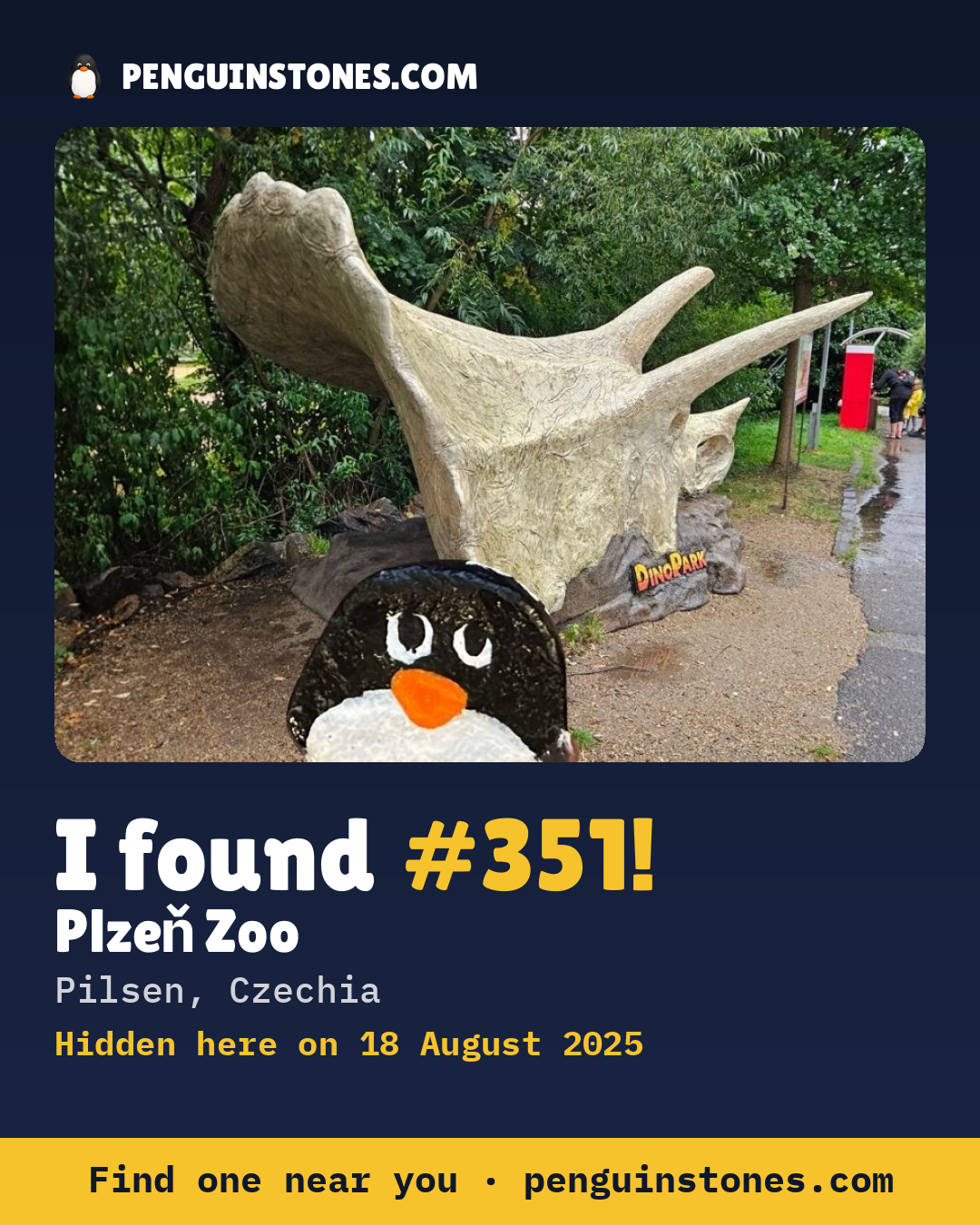 Obrázok s nápisom „I found #351“: fotka kameňa, kde je a ako ďaleko docestoval