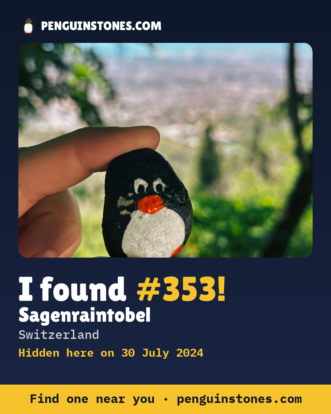 Obrázok s nápisom „I found #353“: fotka kameňa, kde je a ako ďaleko docestoval