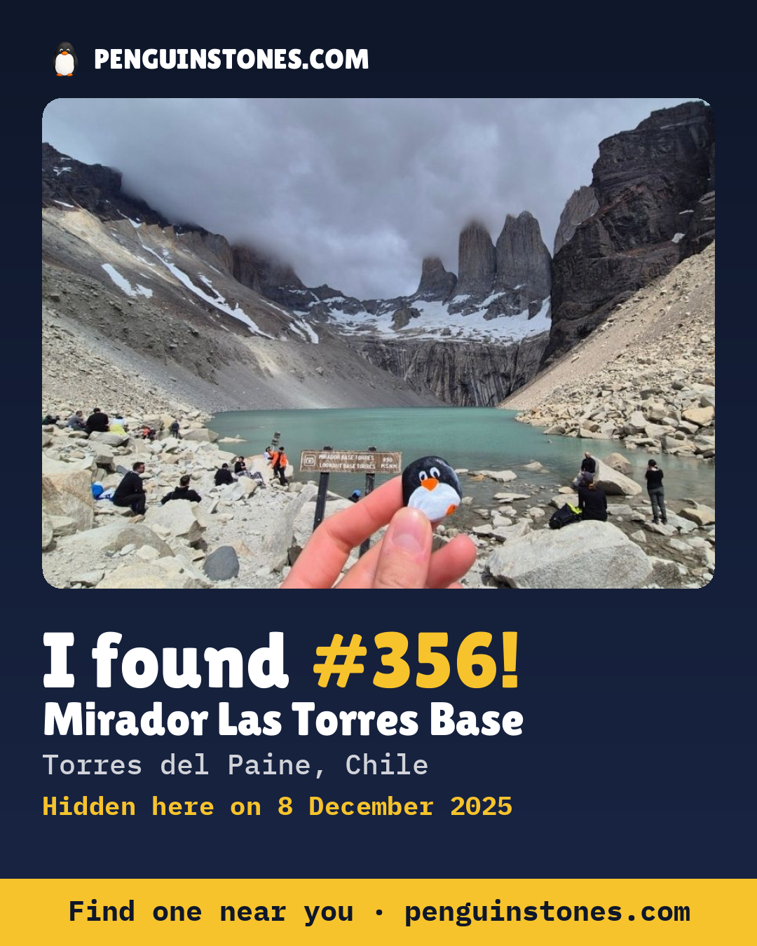 Obrázok s nápisom „I found #356“: fotka kameňa, kde je a ako ďaleko docestoval