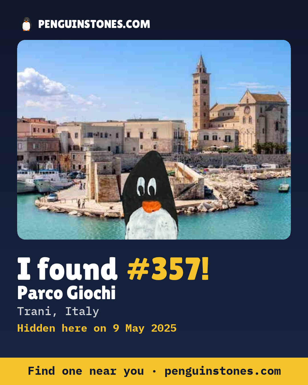 Obrázok s nápisom „I found #357“: fotka kameňa, kde je a ako ďaleko docestoval