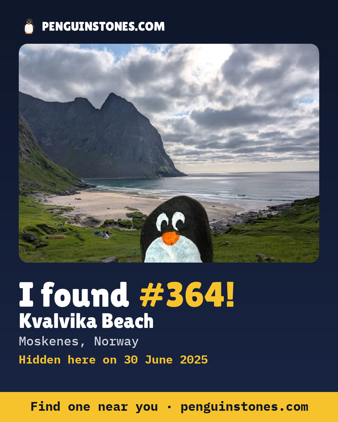 Obrázok s nápisom „I found #364“: fotka kameňa, kde je a ako ďaleko docestoval