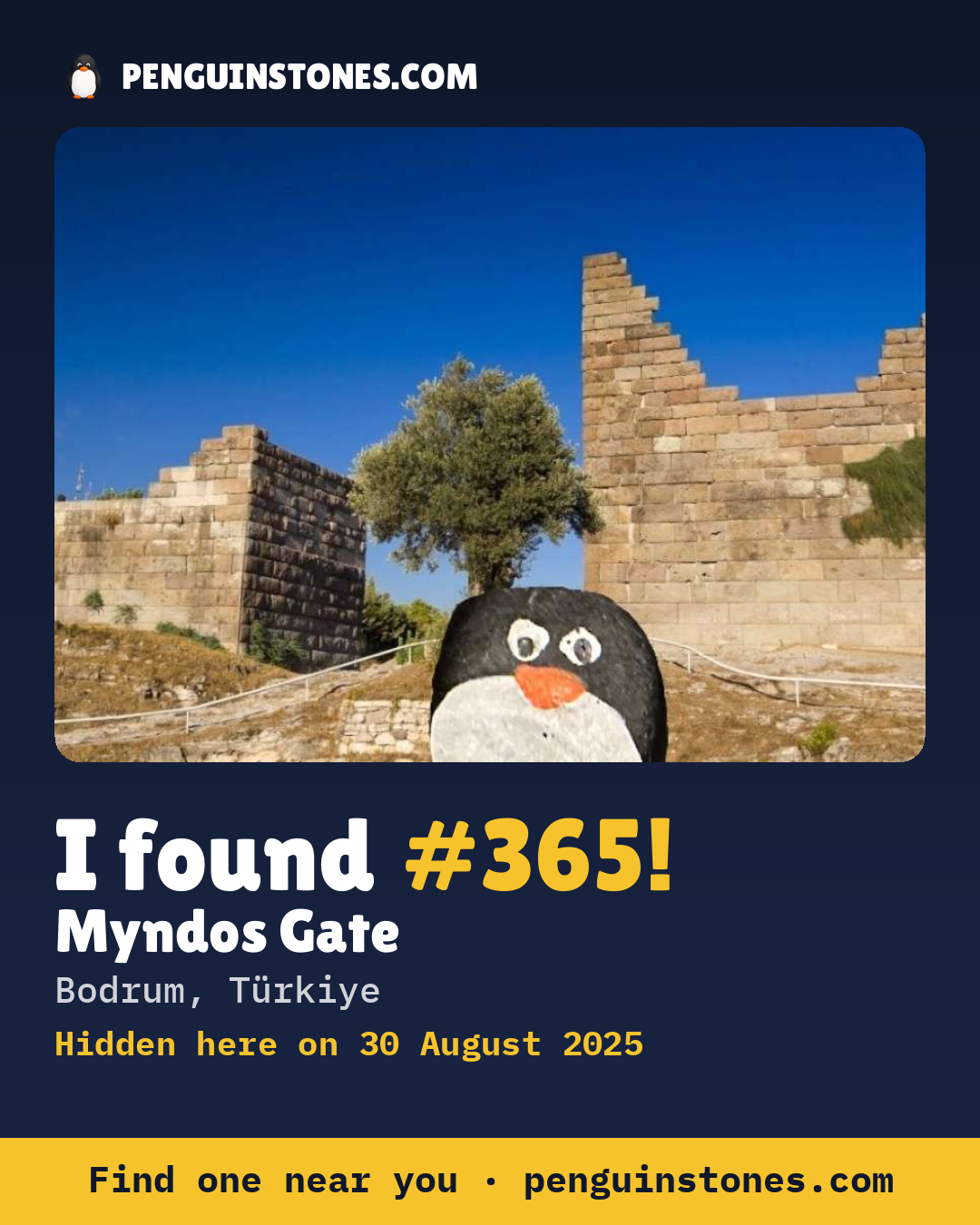 Obrázok s nápisom „I found #365“: fotka kameňa, kde je a ako ďaleko docestoval