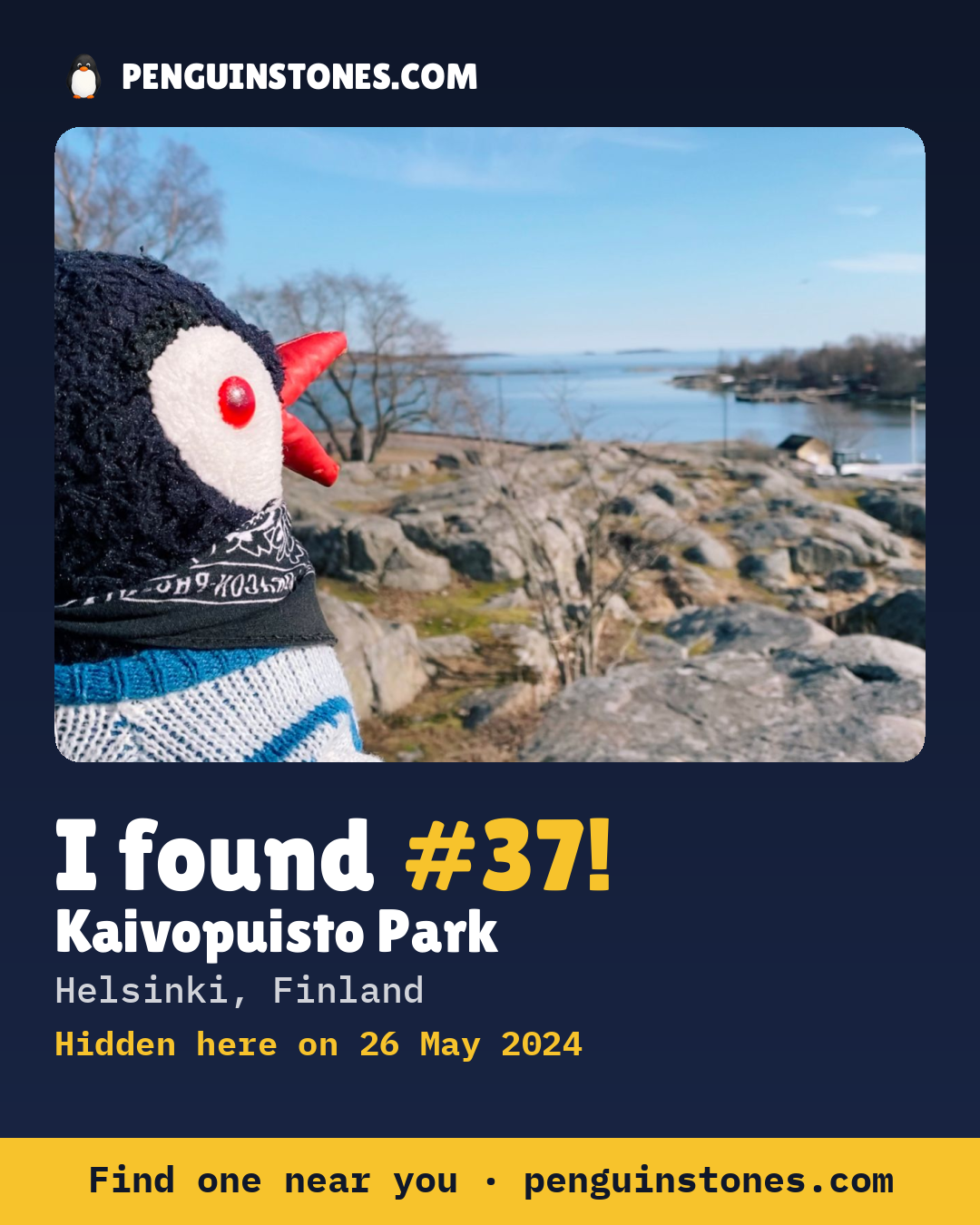 Obrázok s nápisom „I found #37“: fotka kameňa, kde je a ako ďaleko docestoval