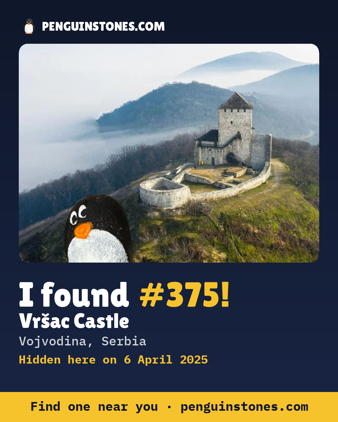 Obrázok s nápisom „I found #375“: fotka kameňa, kde je a ako ďaleko docestoval