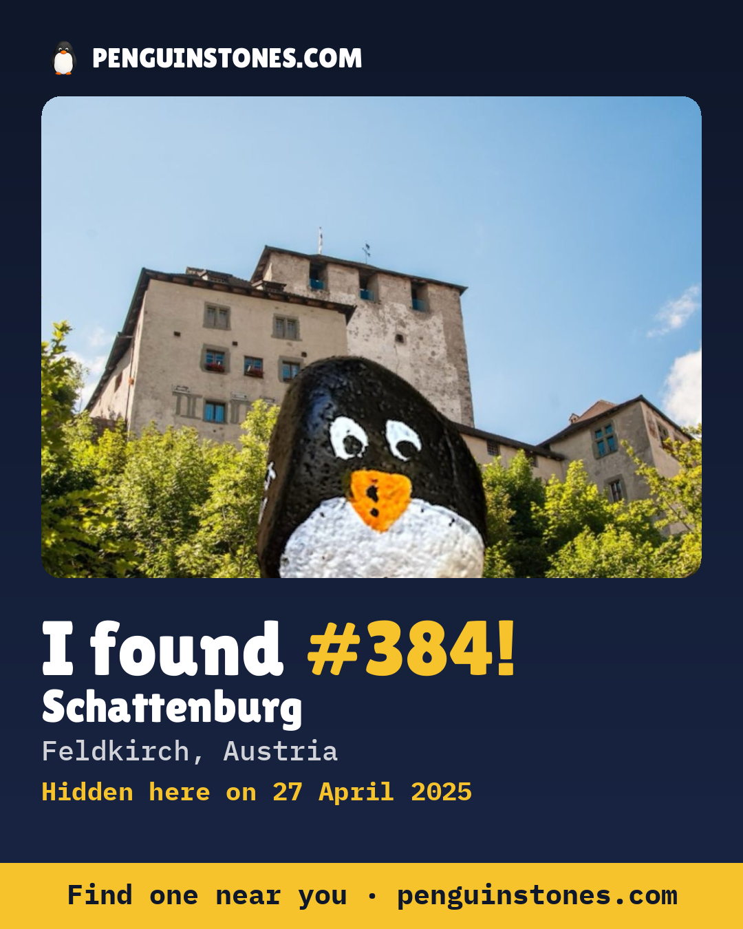 Obrázok s nápisom „I found #384“: fotka kameňa, kde je a ako ďaleko docestoval