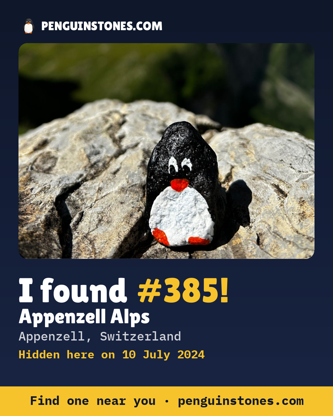 Obrázok s nápisom „I found #385“: fotka kameňa, kde je a ako ďaleko docestoval