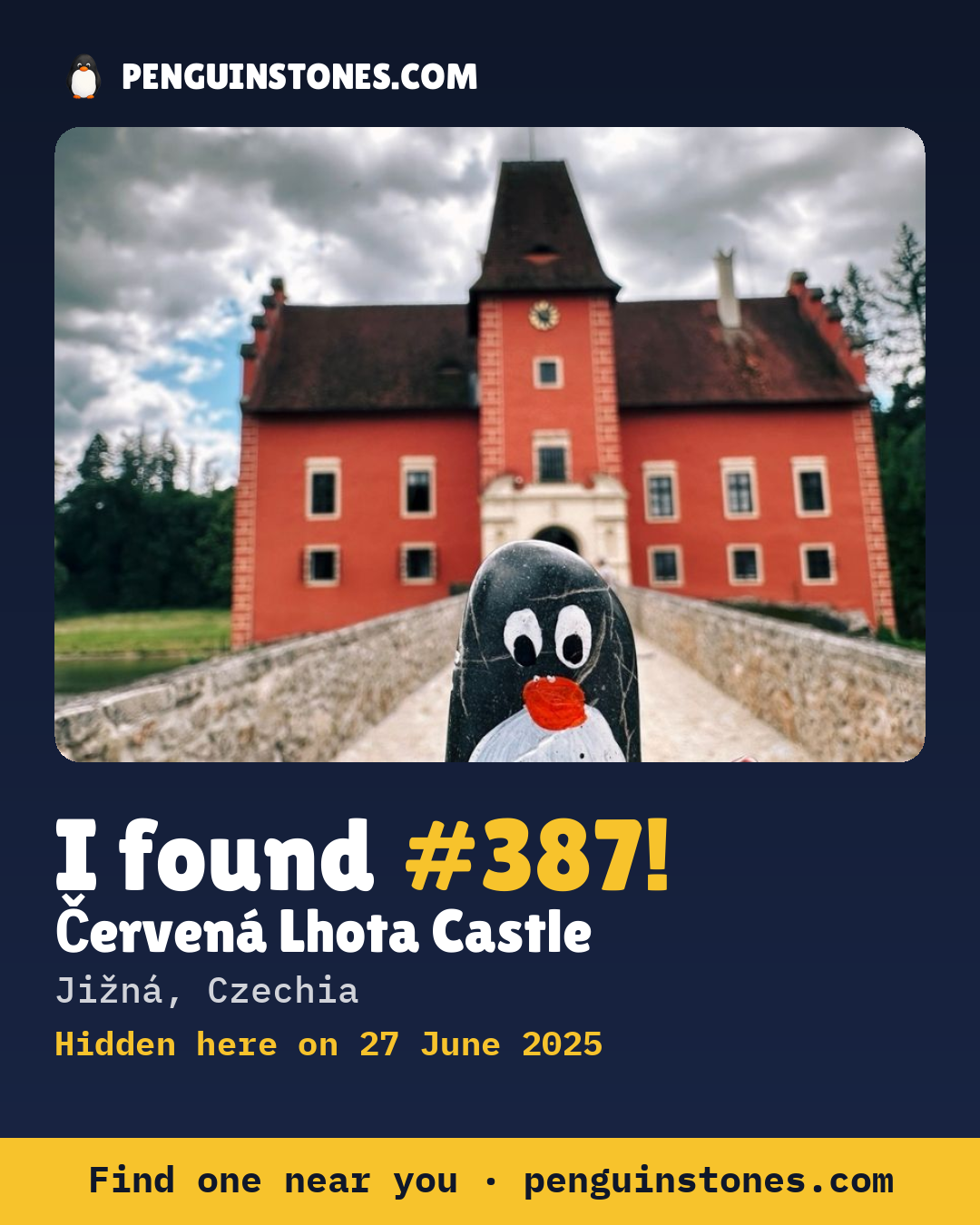 Obrázok s nápisom „I found #387“: fotka kameňa, kde je a ako ďaleko docestoval