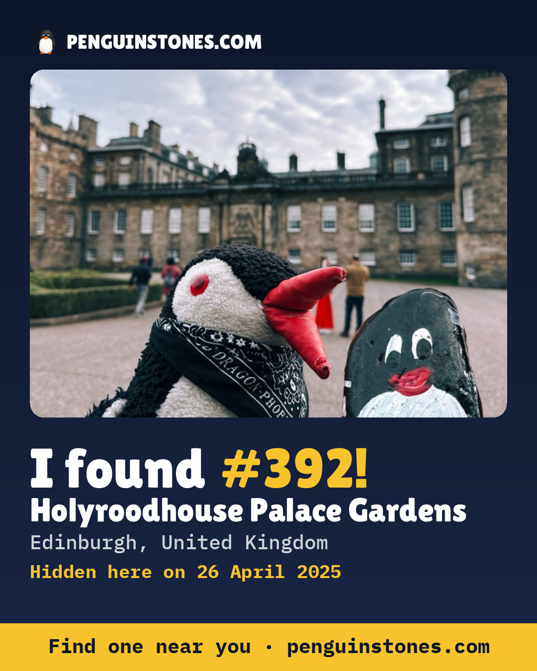 Obrázok s nápisom „I found #392“: fotka kameňa, kde je a ako ďaleko docestoval