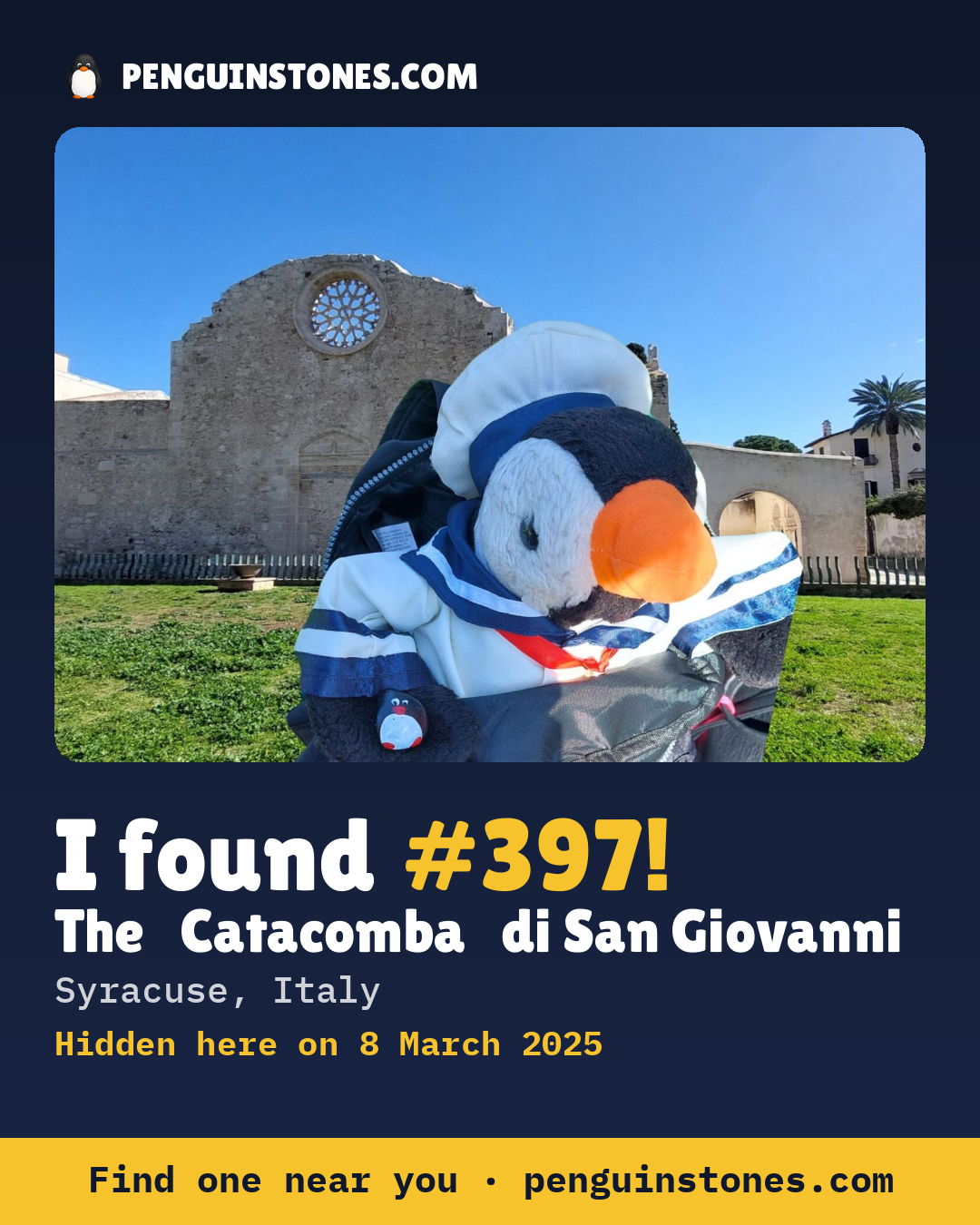 Obrázok s nápisom „I found #397“: fotka kameňa, kde je a ako ďaleko docestoval