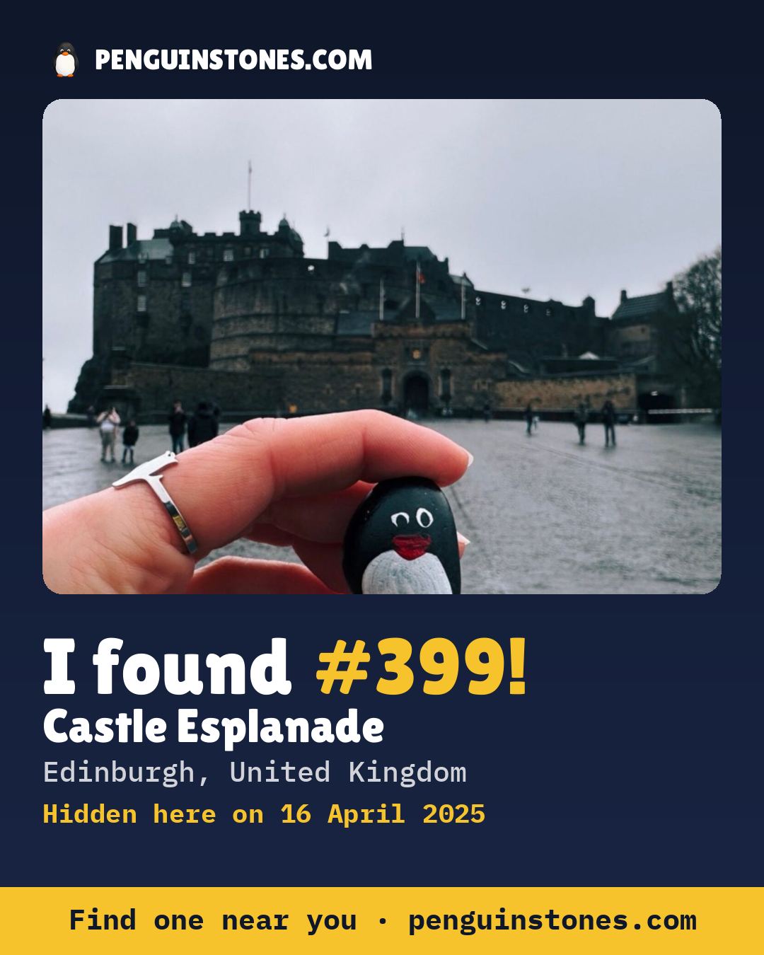 Obrázok s nápisom „I found #399“: fotka kameňa, kde je a ako ďaleko docestoval