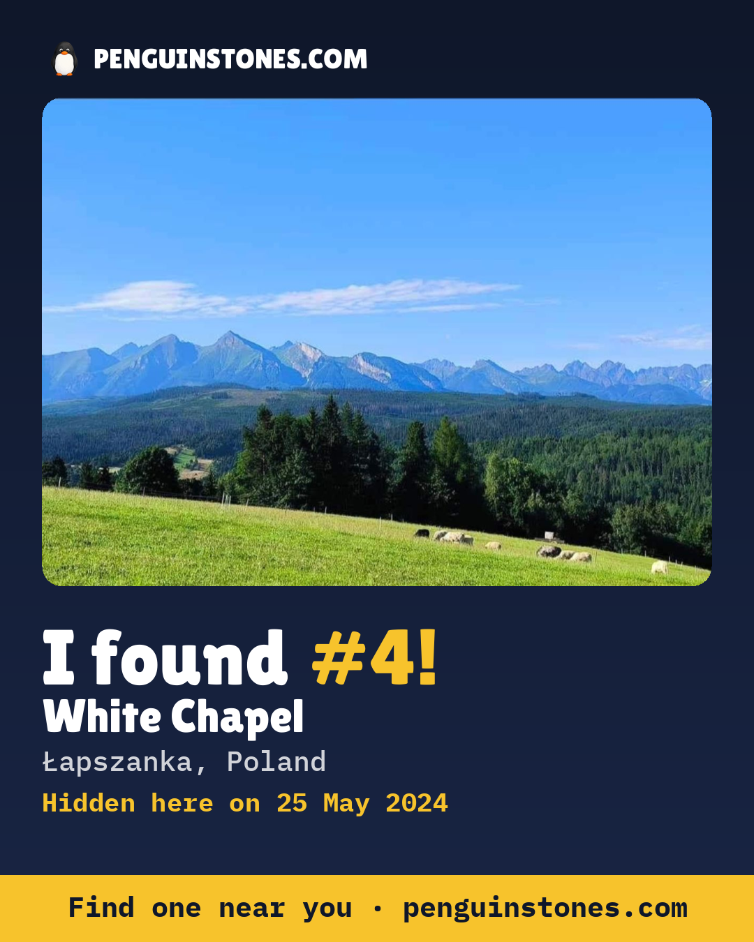 Obrázok s nápisom „I found #4“: fotka kameňa, kde je a ako ďaleko docestoval