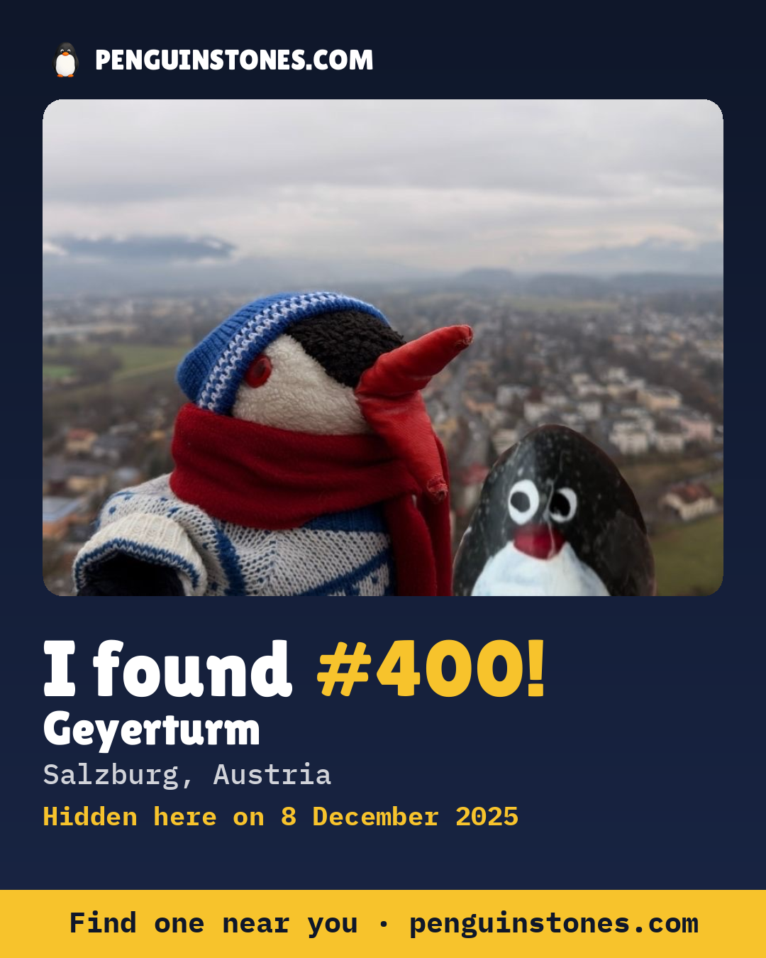 Obrázok s nápisom „I found #400“: fotka kameňa, kde je a ako ďaleko docestoval