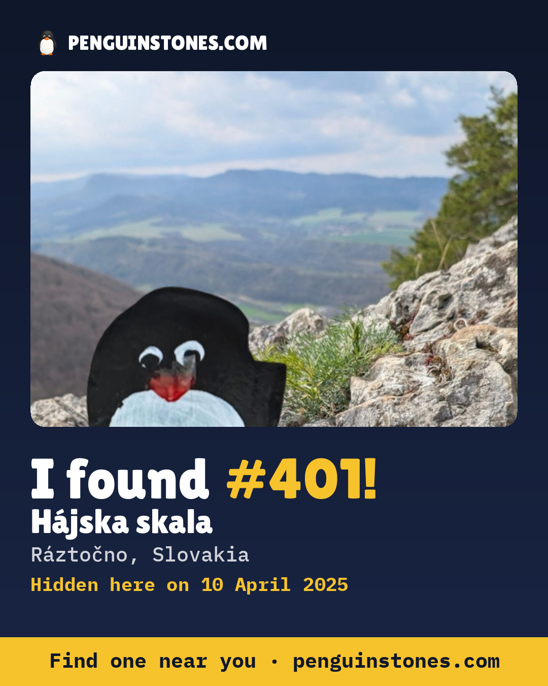 Obrázok s nápisom „I found #401“: fotka kameňa, kde je a ako ďaleko docestoval