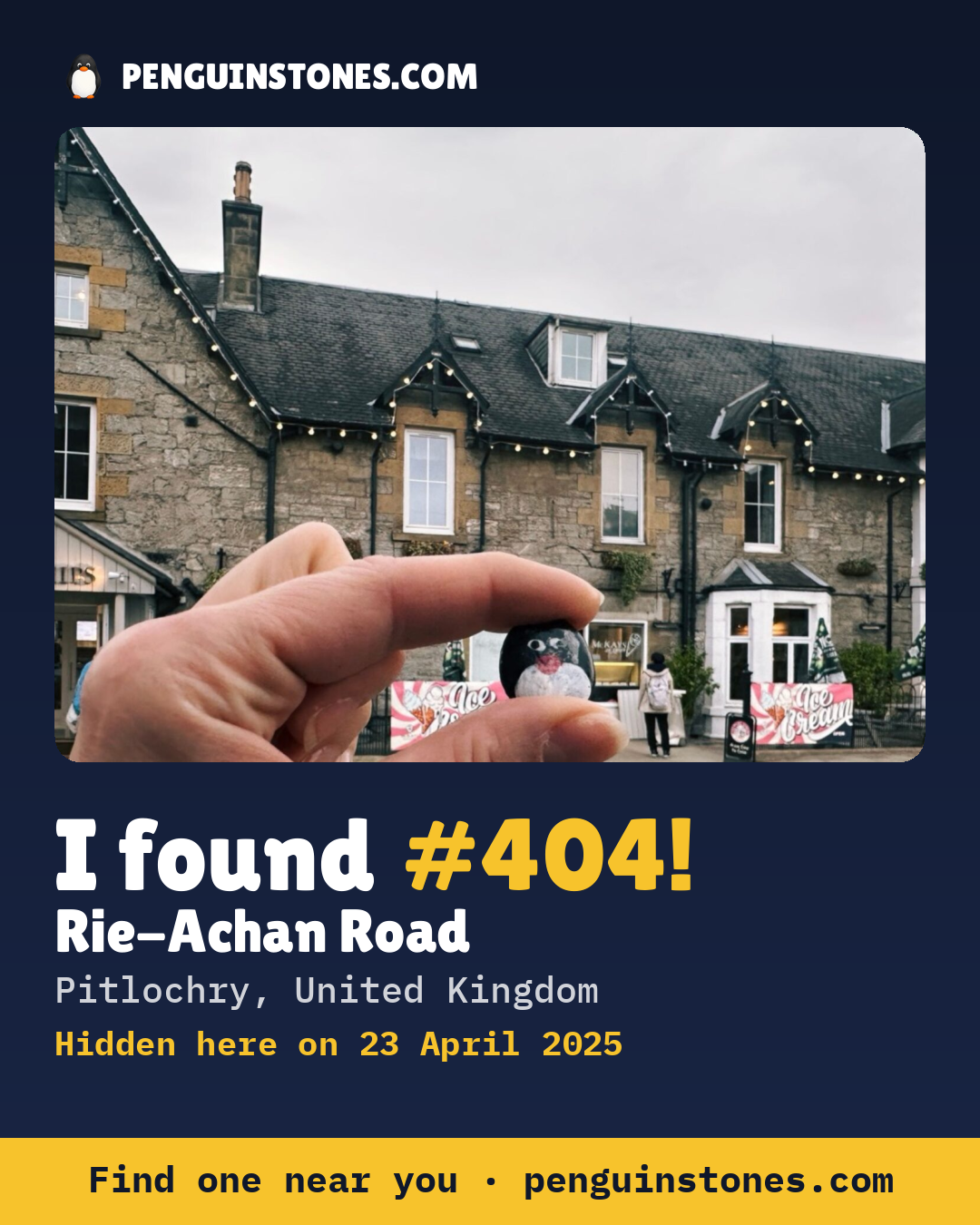 Obrázok s nápisom „I found #404“: fotka kameňa, kde je a ako ďaleko docestoval