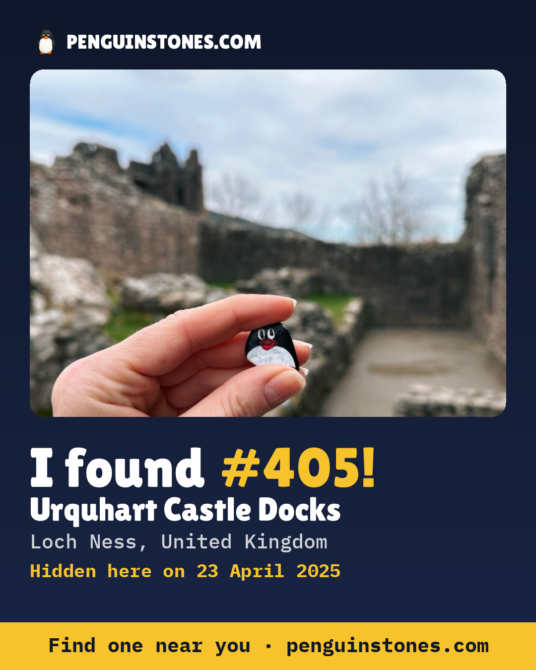 Obrázok s nápisom „I found #405“: fotka kameňa, kde je a ako ďaleko docestoval
