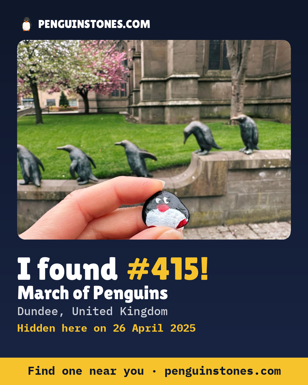 Obrázok s nápisom „I found #415“: fotka kameňa, kde je a ako ďaleko docestoval