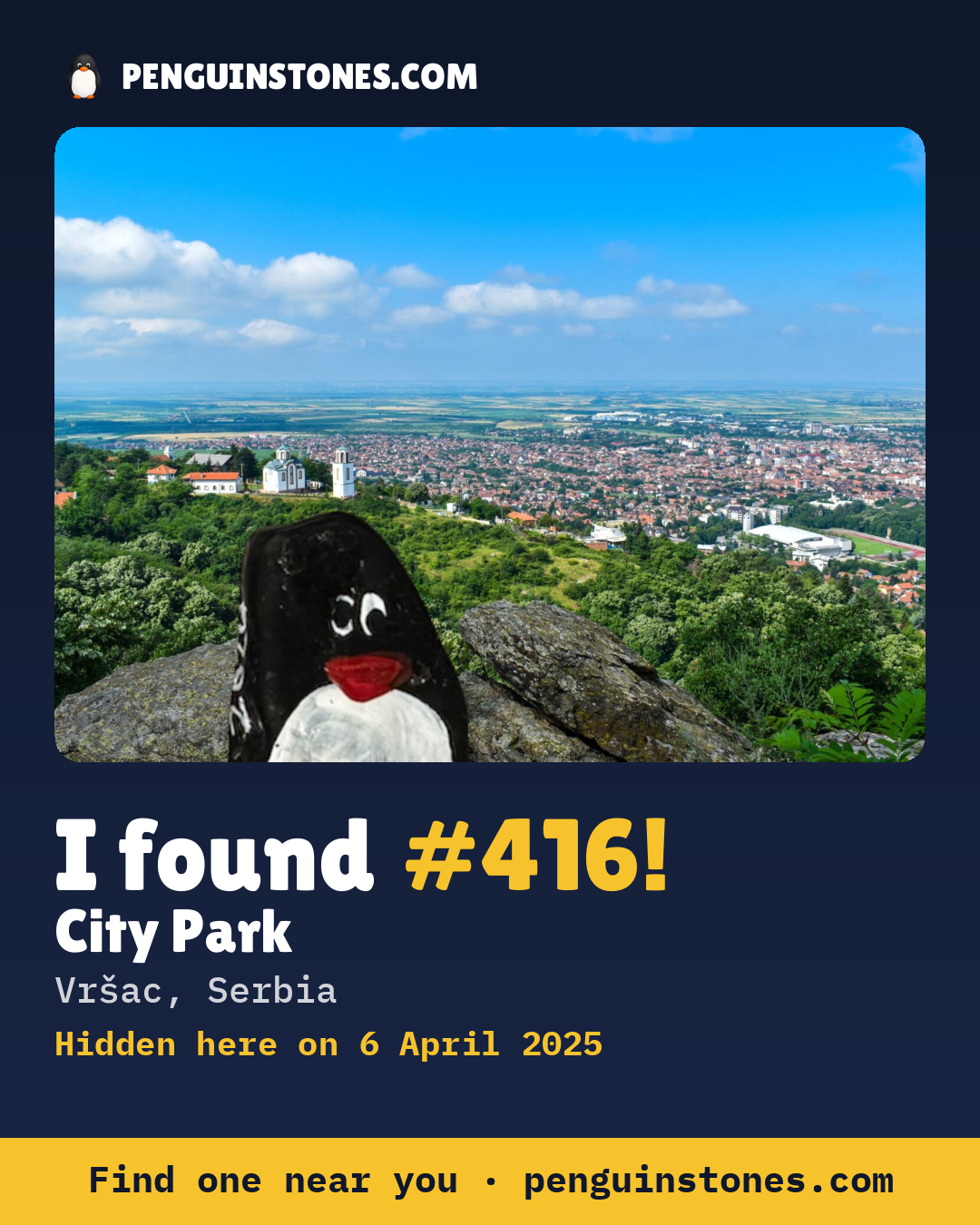 Obrázok s nápisom „I found #416“: fotka kameňa, kde je a ako ďaleko docestoval