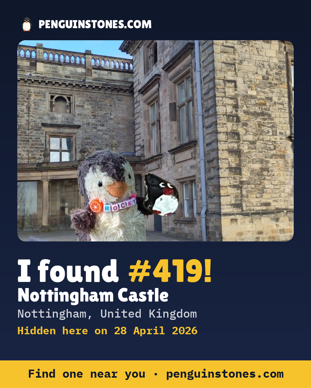 Obrázok s nápisom „I found #419“: fotka kameňa, kde je a ako ďaleko docestoval