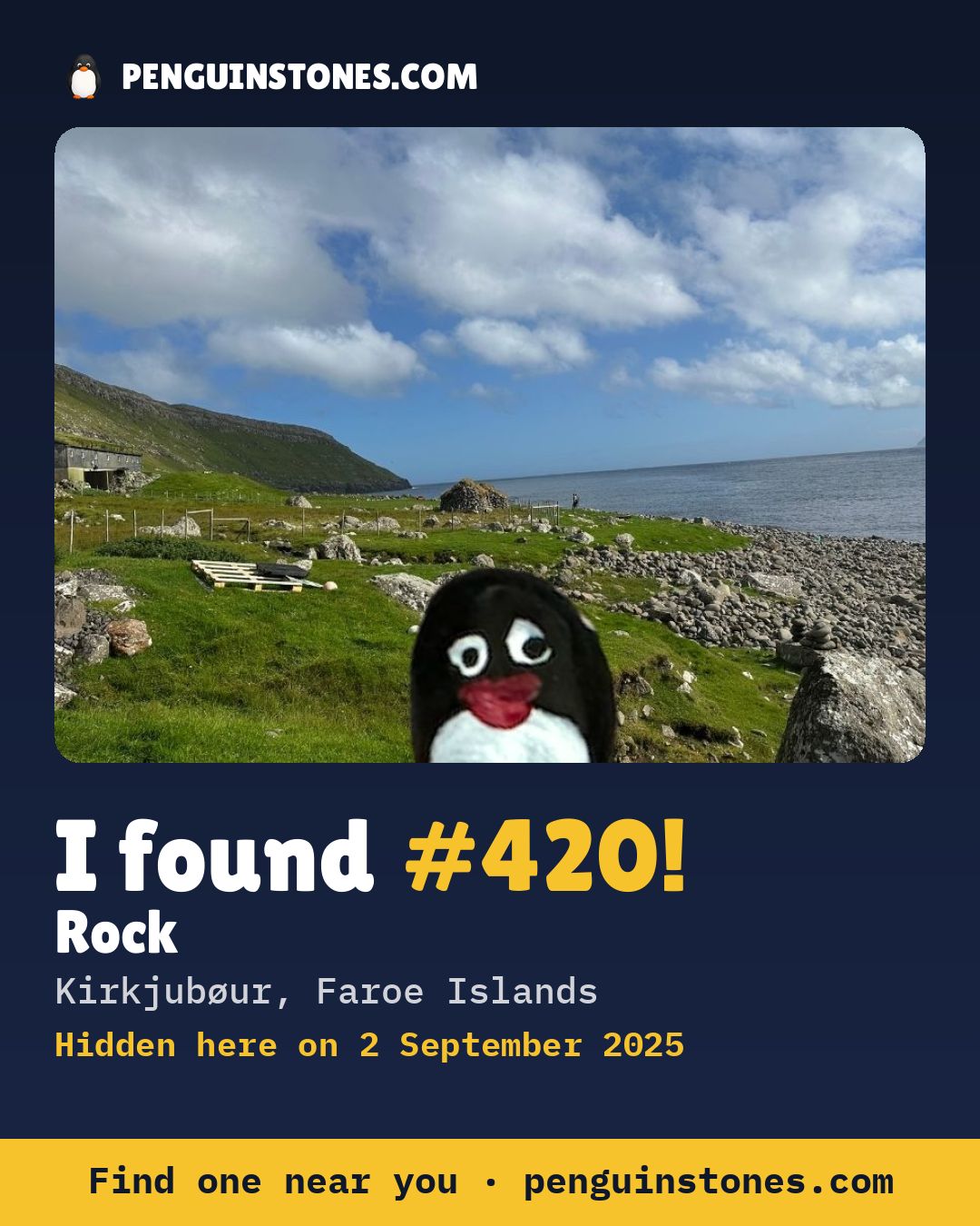Obrázok s nápisom „I found #420“: fotka kameňa, kde je a ako ďaleko docestoval