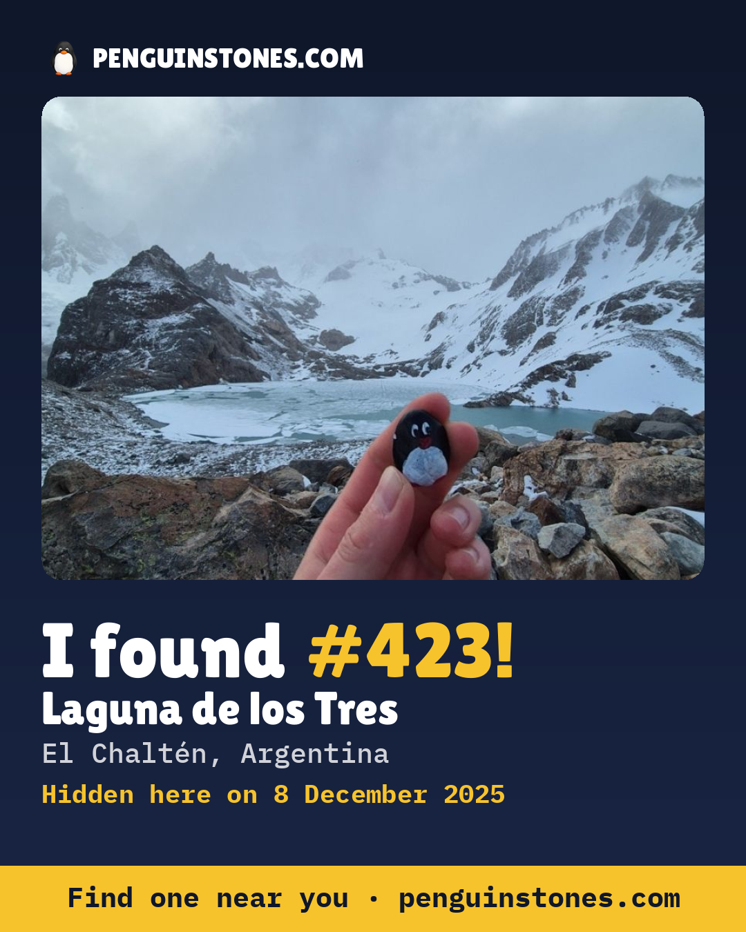 Obrázok s nápisom „I found #423“: fotka kameňa, kde je a ako ďaleko docestoval