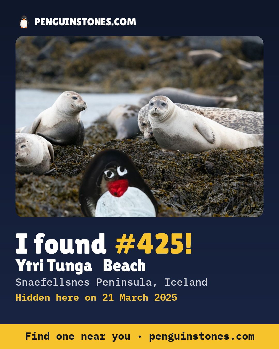 Obrázok s nápisom „I found #425“: fotka kameňa, kde je a ako ďaleko docestoval