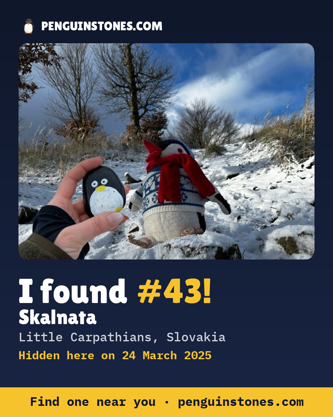 Obrázok s nápisom „I found #43“: fotka kameňa, kde je a ako ďaleko docestoval