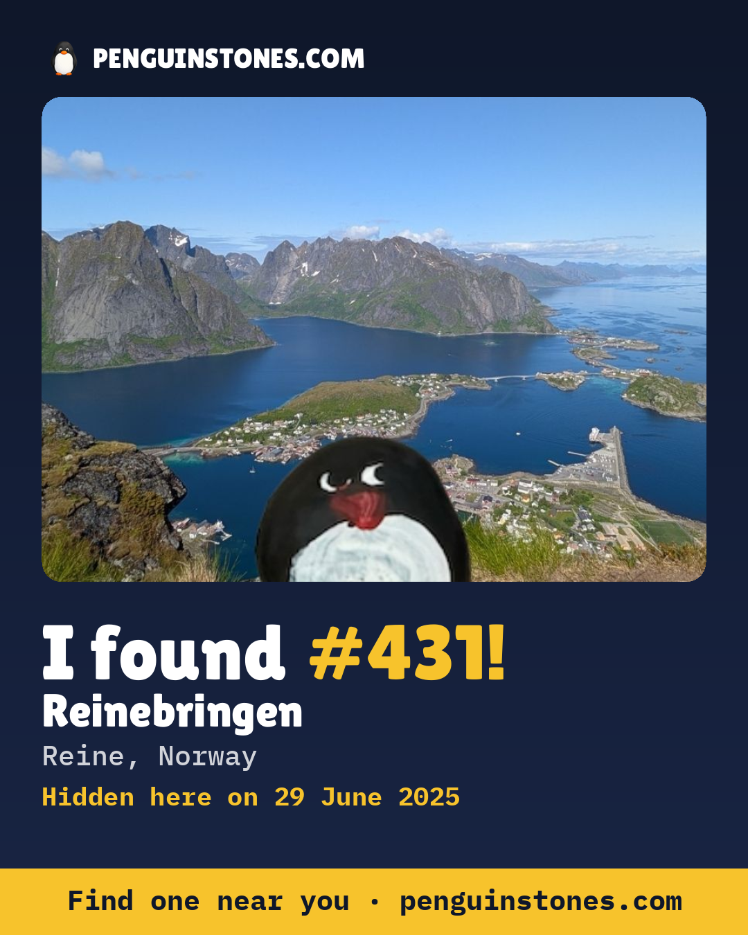 Obrázok s nápisom „I found #431“: fotka kameňa, kde je a ako ďaleko docestoval