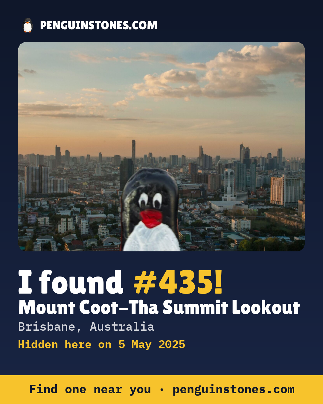 Obrázok s nápisom „I found #435“: fotka kameňa, kde je a ako ďaleko docestoval