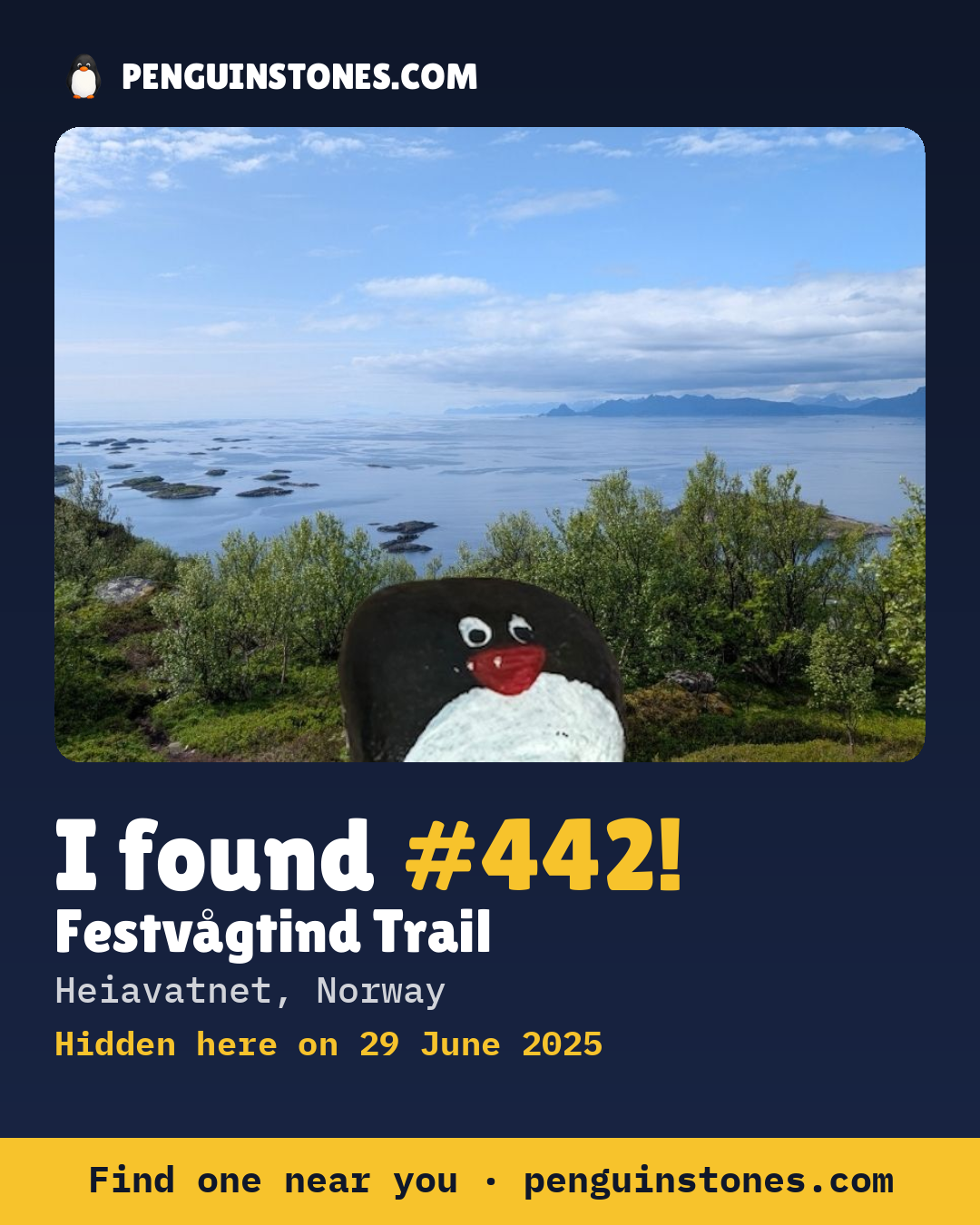 Obrázok s nápisom „I found #442“: fotka kameňa, kde je a ako ďaleko docestoval