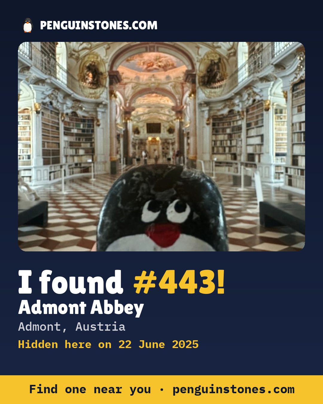 Obrázok s nápisom „I found #443“: fotka kameňa, kde je a ako ďaleko docestoval