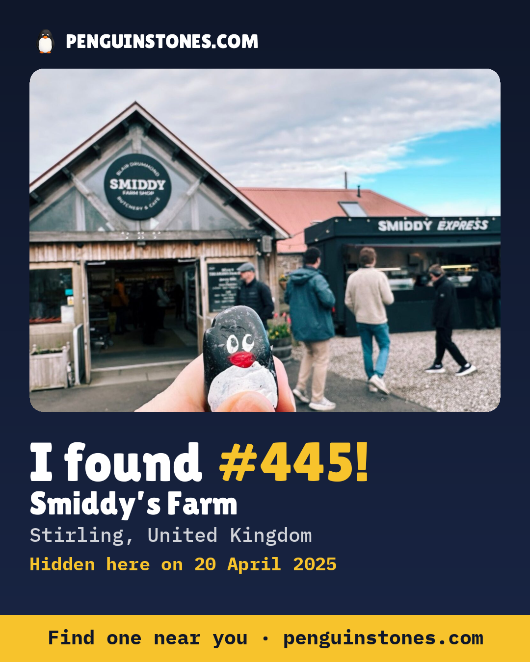 Obrázok s nápisom „I found #445“: fotka kameňa, kde je a ako ďaleko docestoval