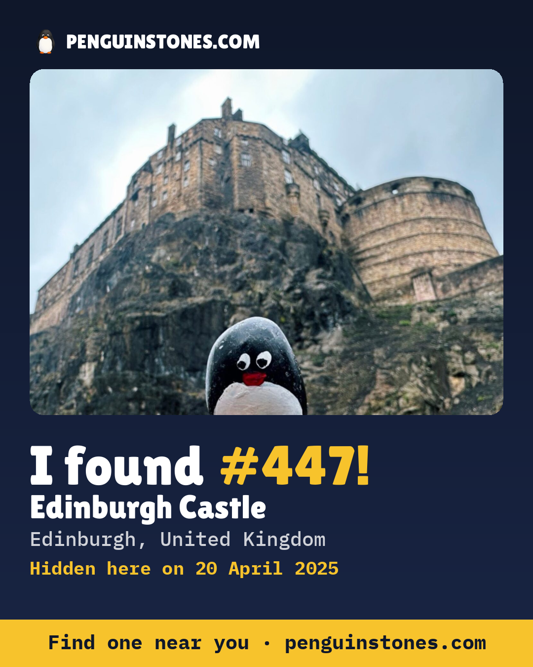 Obrázok s nápisom „I found #447“: fotka kameňa, kde je a ako ďaleko docestoval