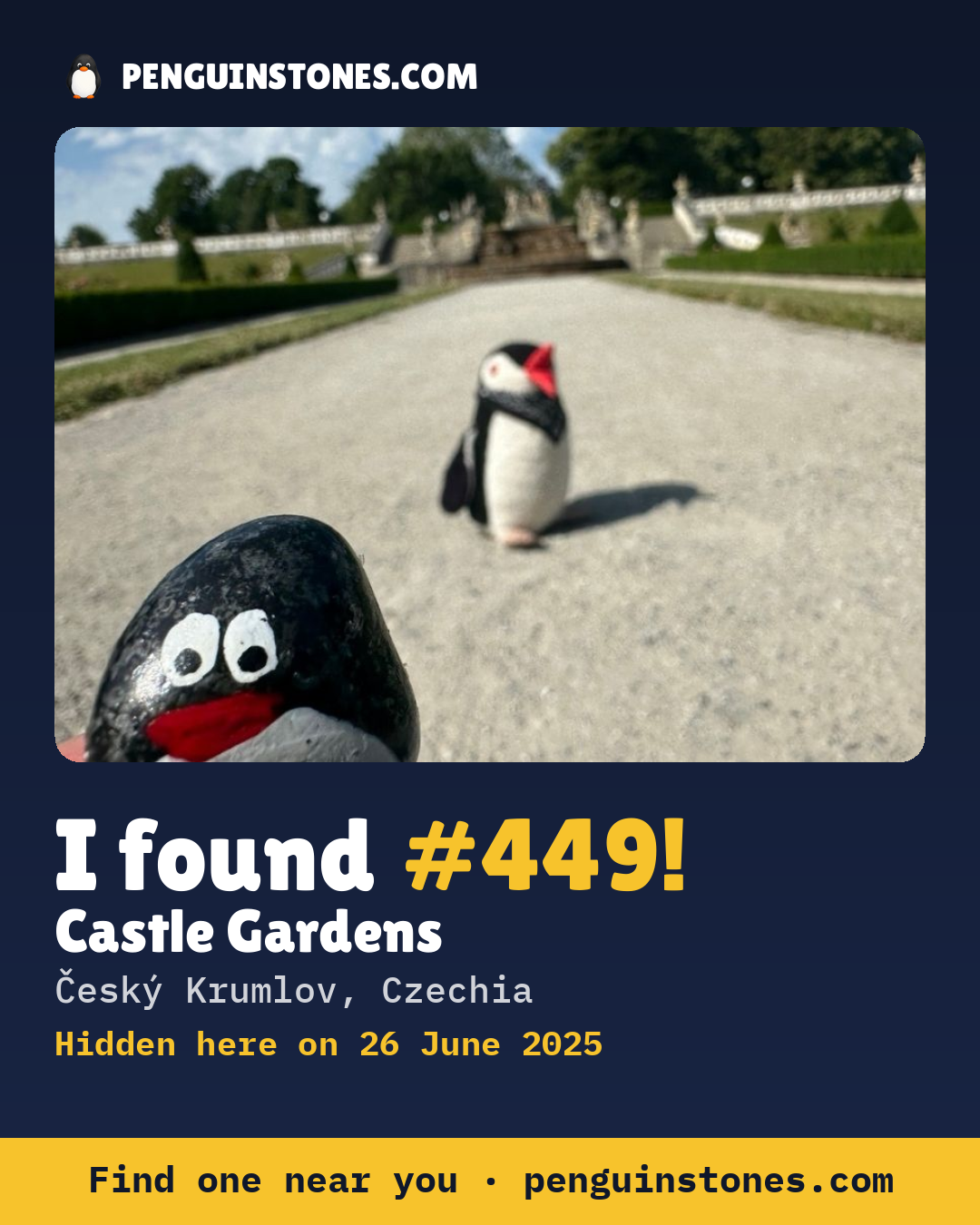 Obrázok s nápisom „I found #449“: fotka kameňa, kde je a ako ďaleko docestoval