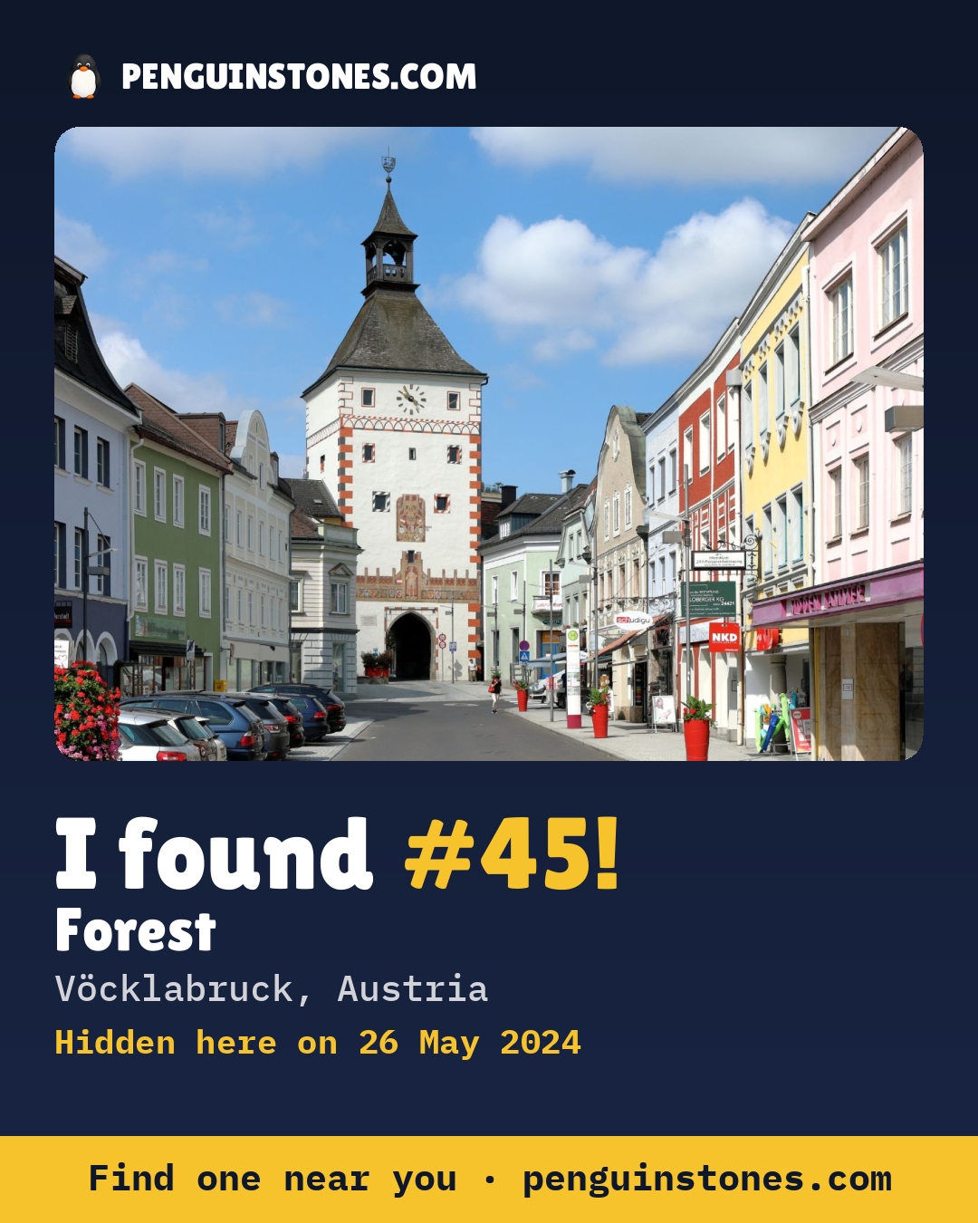 Obrázok s nápisom „I found #45“: fotka kameňa, kde je a ako ďaleko docestoval