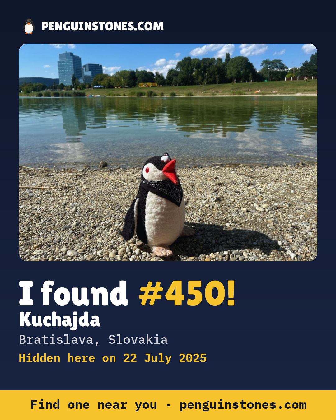 Obrázok s nápisom „I found #450“: fotka kameňa, kde je a ako ďaleko docestoval