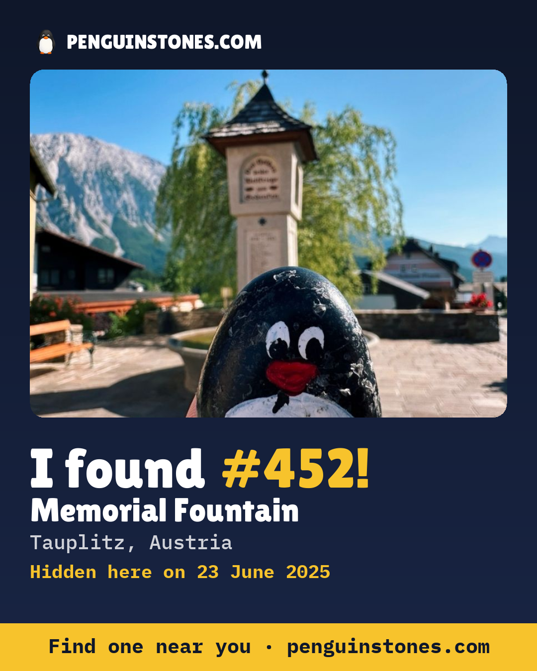 Obrázok s nápisom „I found #452“: fotka kameňa, kde je a ako ďaleko docestoval