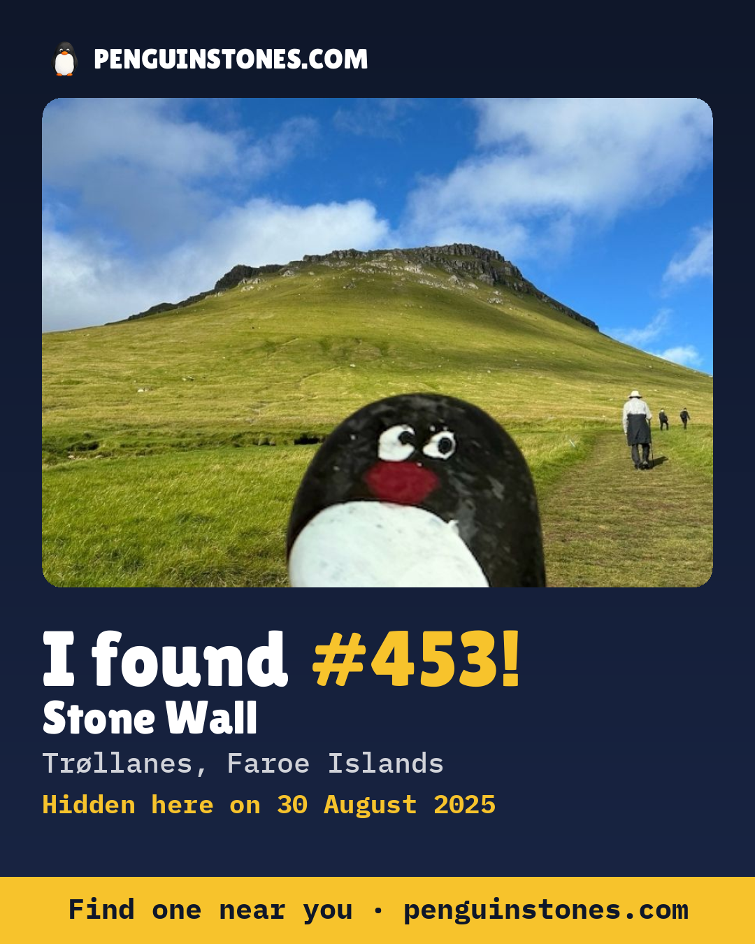 Obrázok s nápisom „I found #453“: fotka kameňa, kde je a ako ďaleko docestoval