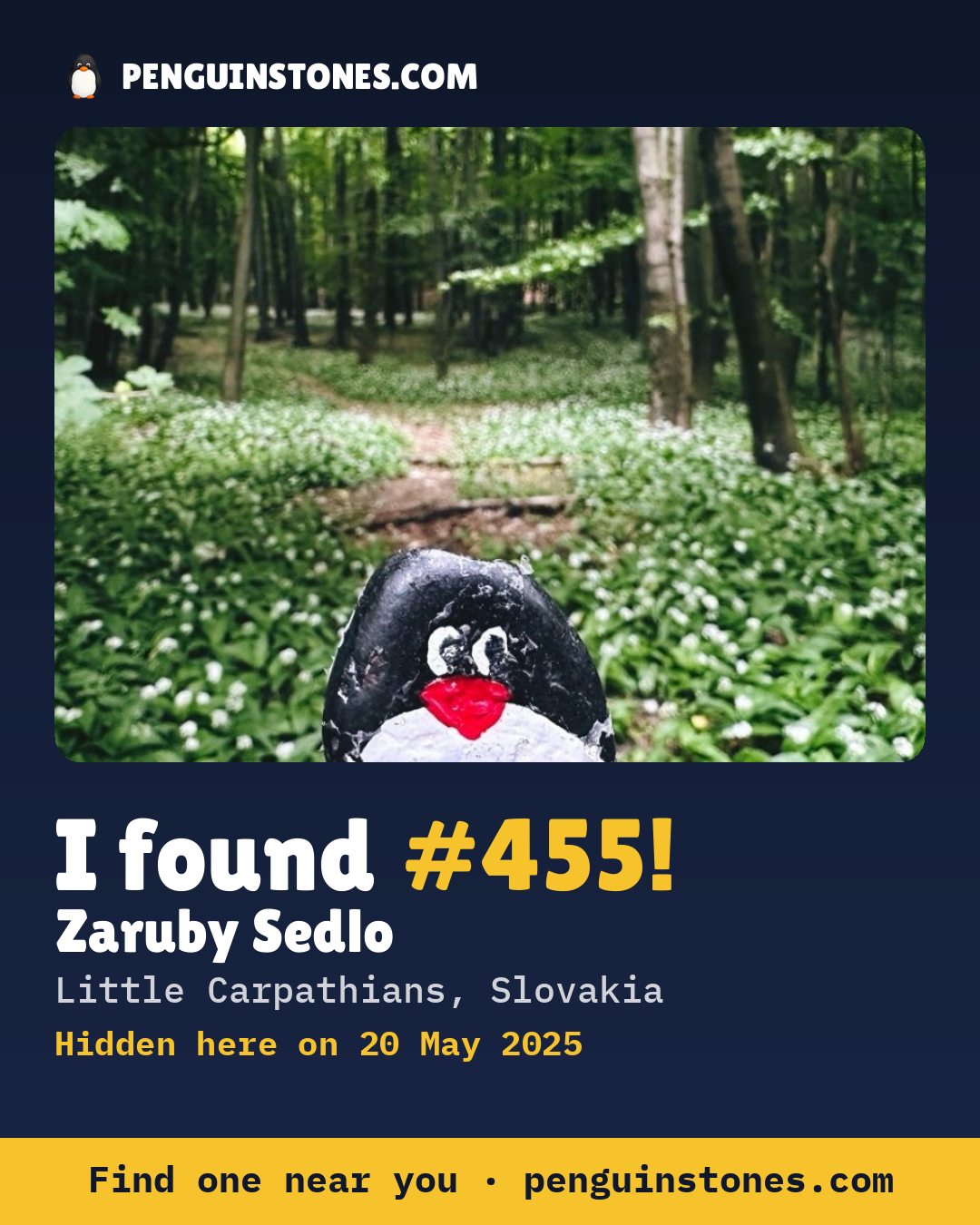 Obrázok s nápisom „I found #455“: fotka kameňa, kde je a ako ďaleko docestoval