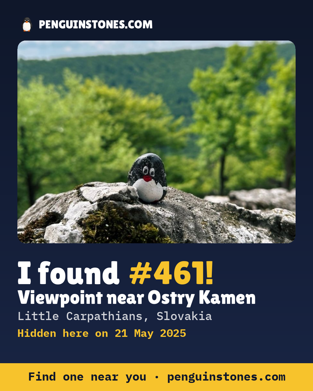 Obrázok s nápisom „I found #461“: fotka kameňa, kde je a ako ďaleko docestoval