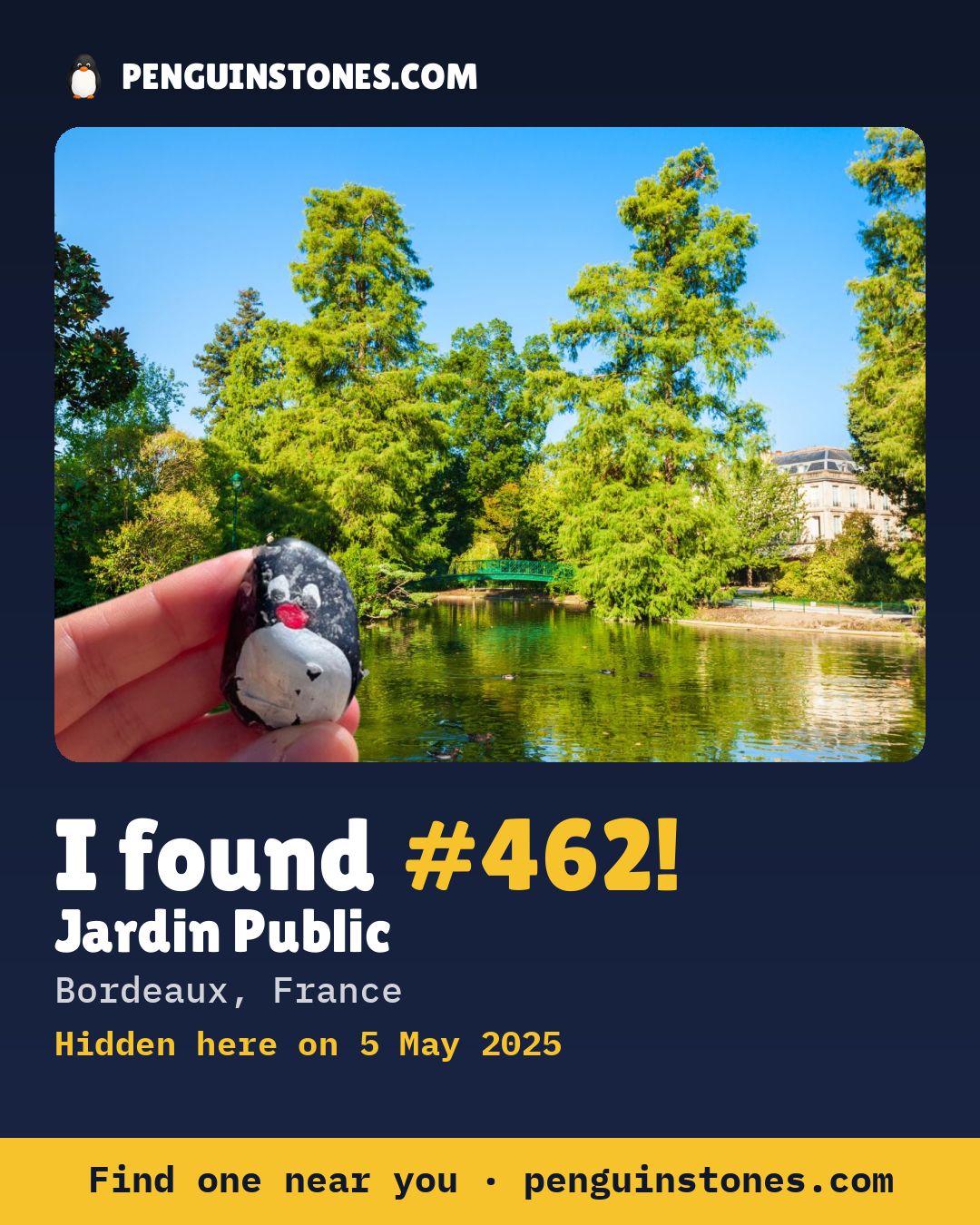 Obrázok s nápisom „I found #462“: fotka kameňa, kde je a ako ďaleko docestoval