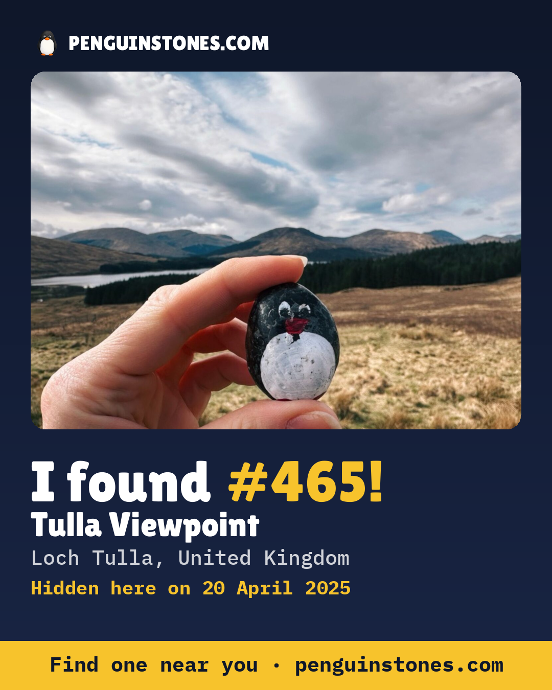 Obrázok s nápisom „I found #465“: fotka kameňa, kde je a ako ďaleko docestoval