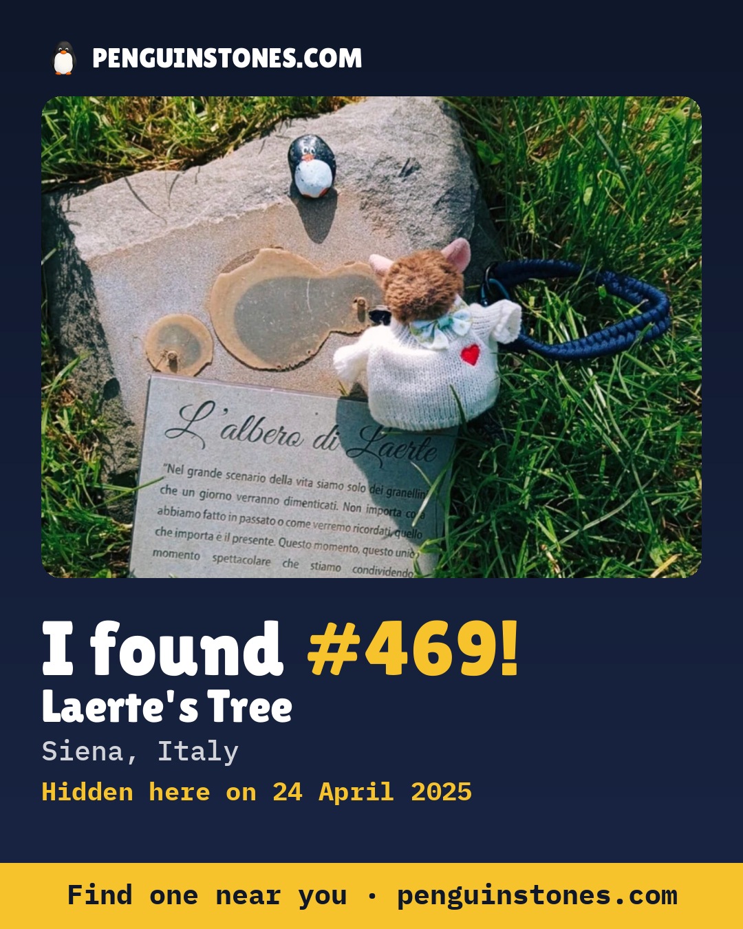 Obrázok s nápisom „I found #469“: fotka kameňa, kde je a ako ďaleko docestoval