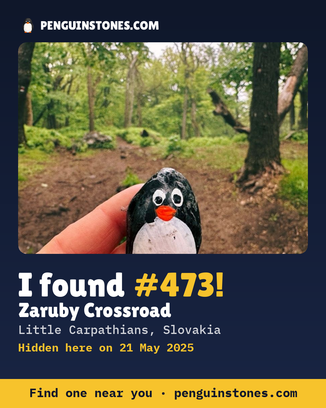 Obrázok s nápisom „I found #473“: fotka kameňa, kde je a ako ďaleko docestoval